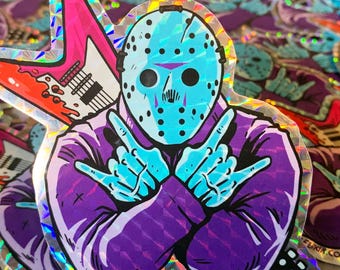 Manhattan Rocks Hologram Sticker, Retro Slasher Horror 8-Bit Prism Decal