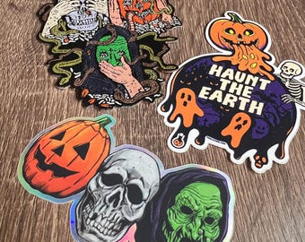 Halloween Patch & Sticker Bundle – Woven Patch + 2 Retro Horror Stickers, Vintage Spooky Collectible Set