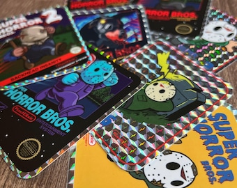Super Horror Bros. Sticker Bundle – 8 Pack Retro Horror 8-Bit Vinyl Decals, Prism & Hologram Stickers