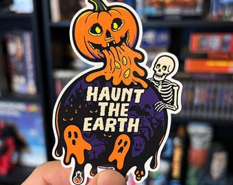 Haunt The Earth Halloween Sticker – Retro Pumpkin Guts Ghost Skeleton Vinyl Vintage Decal