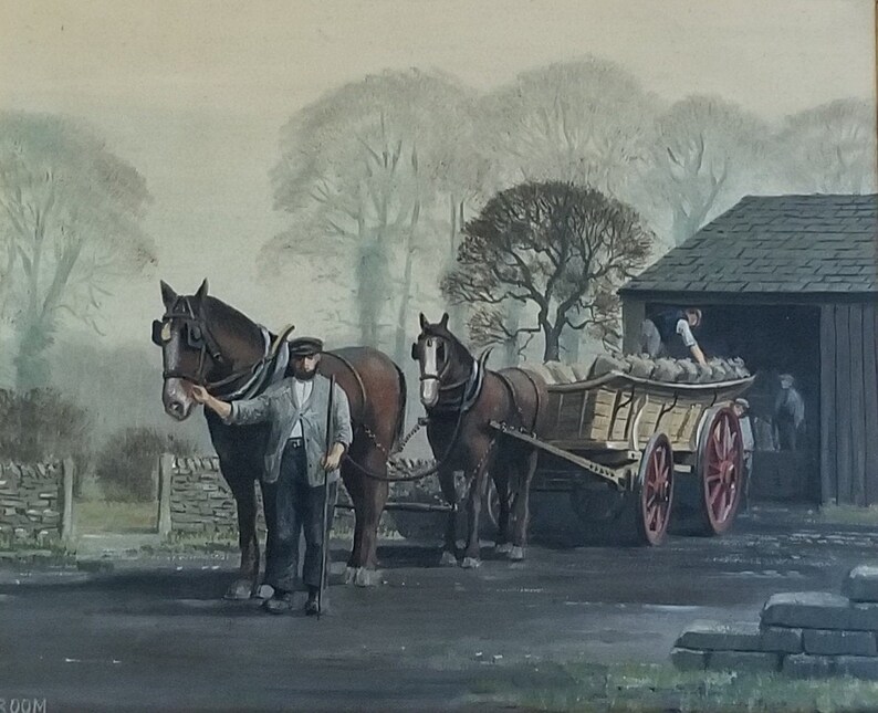 Barn Vintage English Oil Painting on Board with Gilt Wood Frame Country Scene Wagons Horse