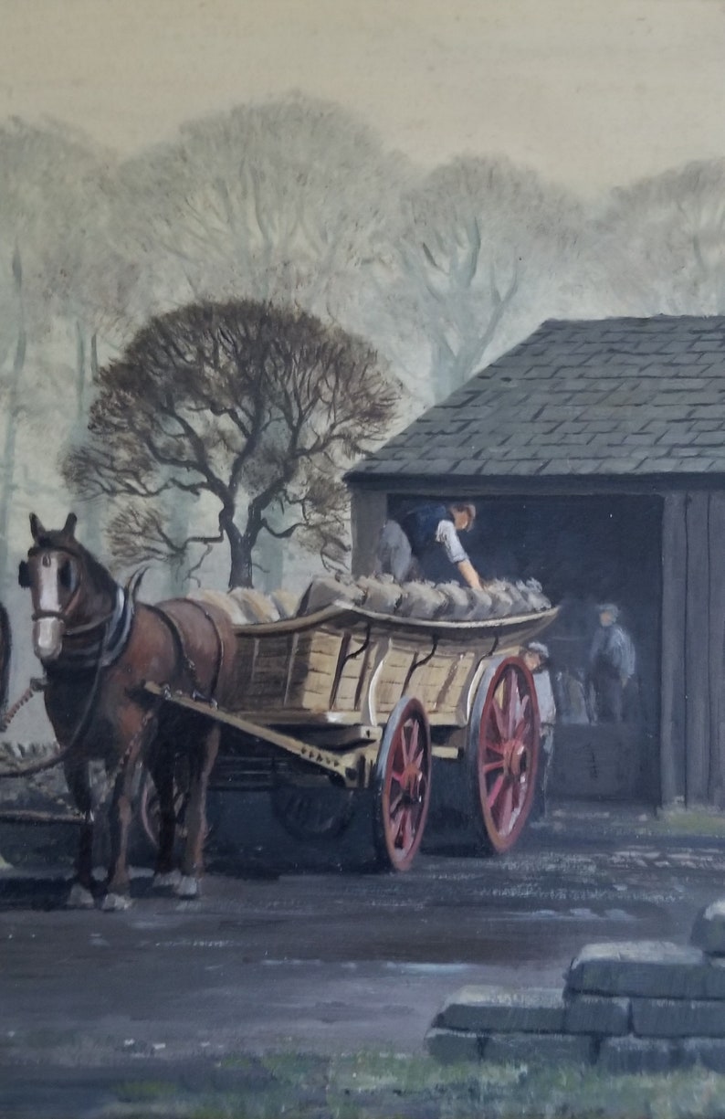 Barn Vintage English Oil Painting on Board with Gilt Wood Frame Country Scene Wagons Horse
