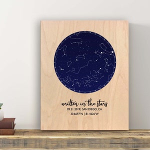Presente de aniversário para ele, mapa de constelação personalizado em madeira, presentes para casais, céu noturno, gráfico de estrelas, 5º aniversário, presente para marido