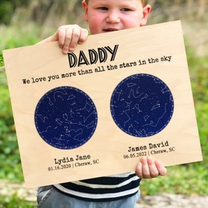 Regalo personalizado para el Día del Padre de hija, Regalo para papá, Regalo para el primer día del padre, Mapa de constelación de hijo, Mapa de estrellas personalizado en regalo de madera