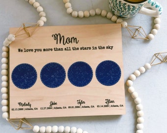 Cadeau personnalisé fête des mères pour maman et fille Cadeau pour une mère Impression de ciel nocturne sur bois Constellation d'art, carte des étoiles, Cadeau pour les enfants