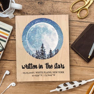 Primer beso mapa de estrellas personalizado en regalo de aniversario de madera para él por BnR, regalo de primer aniversario para el novio The Night Sky Star Print