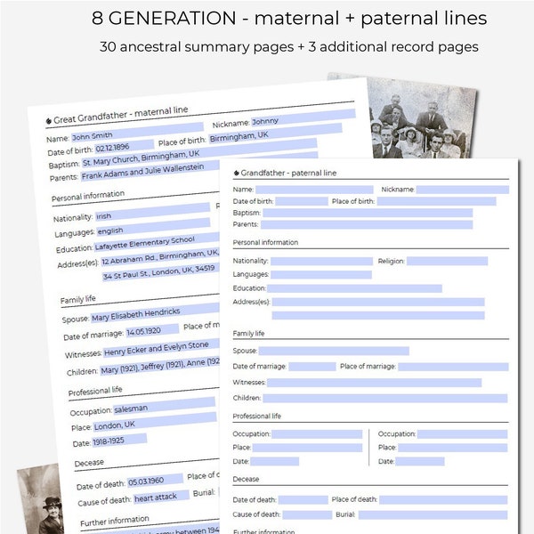 Family history bundle - clickable, easy to fill genealogy pages