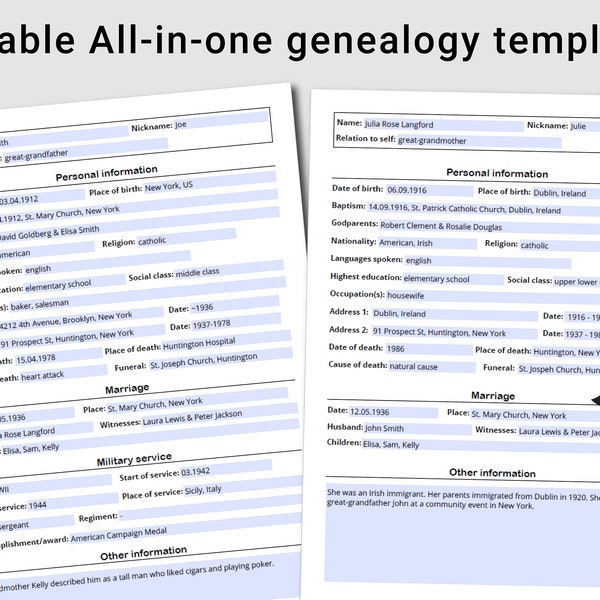 All-in-One genealogy template - Clickable, printable A4