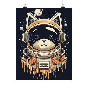 Cabeza de astronauta de gato de dibujos animados con motivos espaciales extravagantes: acabado mate, decoración de guardería, arte de pared para habitación de niños, tema espacial, carteles verticales
