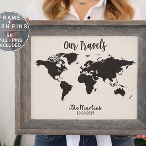 Wanderlust Cotton World Map Travel Push Pin Map Barn Wood Frame Family Map Travel Gift Framed Wall Art Wall Decor Cool Gift Idea Pushpin Map