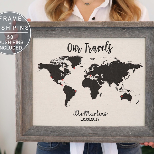 Personalized Mothers Day Gift For Mom Gift Wanderlust Cotton World Map Travel Push Pin Map Barnwood Frame Family Map Wall Art Cool Gift Idea