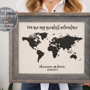 Wanderlust Cotton World Map Travel Push Pin Map Barn Wood Frame Family Map Travel Gift Framed Wall Art Wall Decor Cool Gift Idea Pushpin Map image 2