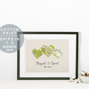 3 Herz Karte Baumwolle Druck Personalisierte Landkarte Druck Hochzeitsgeschenk für Paar Geschenk Baumwolle Jahrestag Geschenk für Ihn Karte Kunst Geschenk für Mann Geschenk