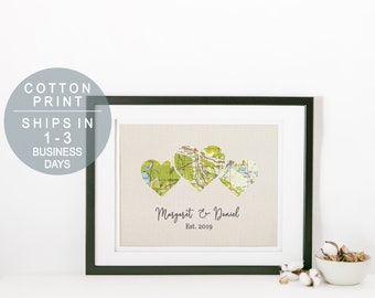 3 Heart Map Cotton Print Personalized Map Print Wedding Gift for Couple Gift Cotton Anniversary Gift for Him Map Art Gift for Husband Gift