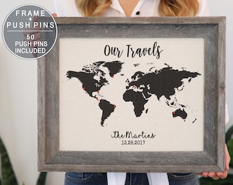 Personalized Mothers Day Gift For Mom Gift Wanderlust Cotton World Map Travel Push Pin Map Barnwood Frame Family Map Wall Art Cool Gift Idea