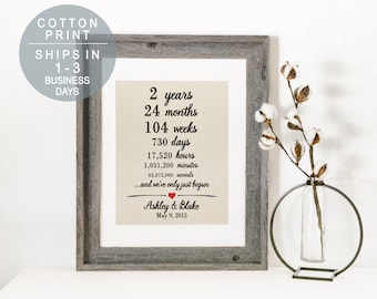 Cotton Anniversary Print 2nd Anniversary Weeks Days Hours Minutes Seconds Gift for Husband Wife Second Anniversary 2 years together Gift