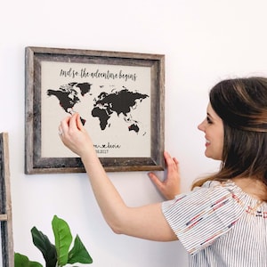 Wanderlust Cotton World Map Travel Push Pin Map Barn Wood Frame Family Map Travel Gift Framed Wall Art Wall Decor Cool Gift Idea Pushpin Map image 3