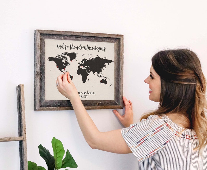 Wanderlust Cotton World Map Travel Push Pin Map Barn Wood Frame Family Map Travel Gift Framed Wall Art Wall Decor Cool Gift Idea Pushpin Map image 3