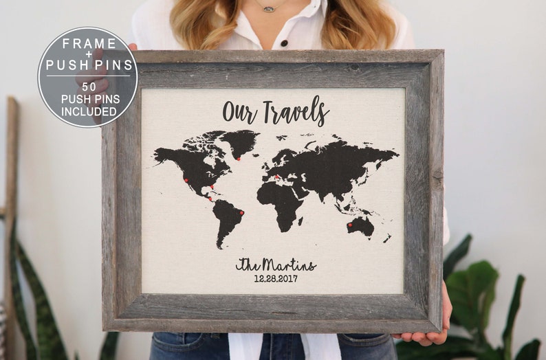 Personalized Mothers Day Gift For Mom Gift Wanderlust Cotton World Map Travel Push Pin Map Barnwood Frame Family Map Wall Art Cool Gift Idea image 1