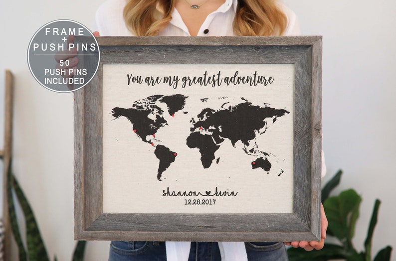 Personalized Mothers Day Gift For Mom Gift Wanderlust Cotton World Map Travel Push Pin Map Barnwood Frame Family Map Wall Art Cool Gift Idea image 2