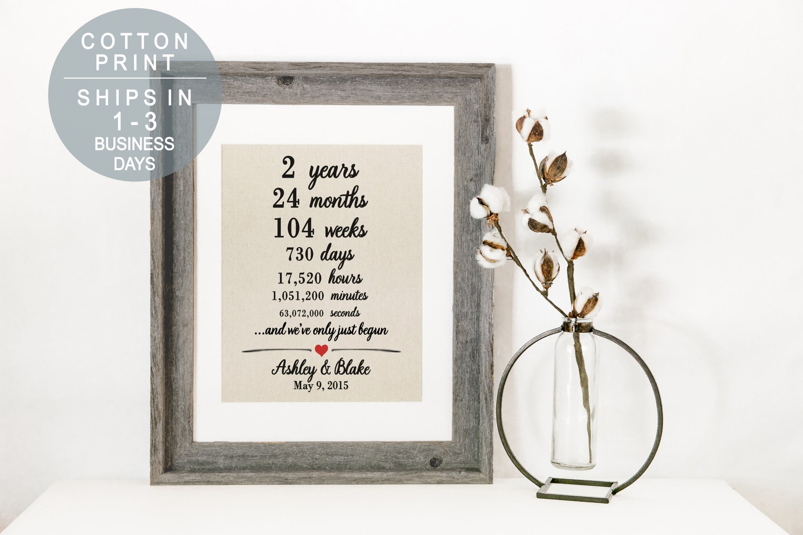 2 Jahre zusammen personalisierter Baumwolldruck 2. Jahrestag Etsy