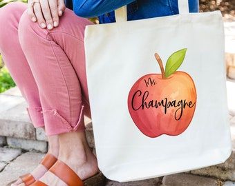 Watercolor Apple Tote Personalized Gift For Teacher Appreciation Gift Cotton Tote Canvas Teacher Tote Bag Teacher Bag Personalized Teacher