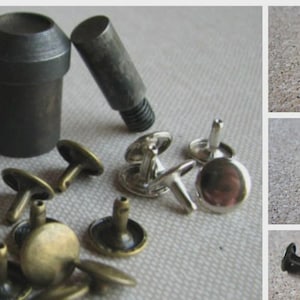 May include: An assortment of metal rivets and setting tools. The rivets have various finishes, including antique brass, silver, and black. The setting tools are cylindrical and made of a dark, possibly oxidized, metal.