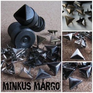 May include: An assortment of metal pyramid studs in various finishes, including silver, bronze, and black. The image also features a black, cylindrical tool with a pyramid-shaped end, likely for setting the studs. The text "MINKUS MARGO" is at the bottom.