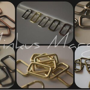 Op de afbeelding: Een collage van rechthoekige metalen ringen in verschillende afwerkingen: brons, goud, zilver en zwart. De ringen worden waarschijnlijk gebruikt voor knutselen of het maken van sieraden. De tekst "Minkus Margo" is inbegrepen.