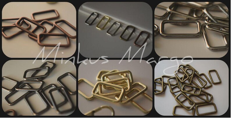 Op de afbeelding: Een collage van rechthoekige metalen ringen in verschillende afwerkingen: brons, goud, zilver en zwart. De ringen worden waarschijnlijk gebruikt voor knutselen of het maken van sieraden. De tekst "Minkus Margo" is inbegrepen.