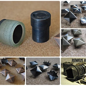 May include: A collection of metal studs and tools for crafting. The image shows various pyramid-shaped studs in silver, bronze, and black, along with a cylindrical tool and a tool with a screw. The brand name "MINKUS MARGO" is visible.
