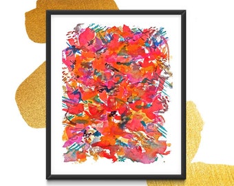 Watercolor painting abstract "Floral Burst"- prints- deconstructed flowers of red, red violet, gold, teal by AnnGees