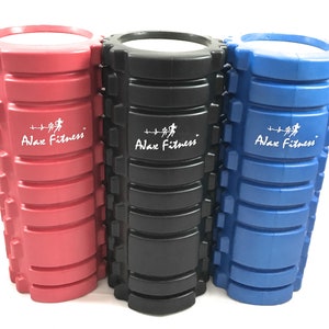 May include: Three foam rollers in red, black, and blue. Each roller has a white label with the text "Alux Fitness" and a running figure icon.