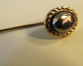 Vintage Gold Tone w Shiny Black Faceted Stone - Black Opal - Hematite - Hat Pin - Lapel Pin - Stick Pin circa mid 1900s