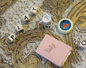 Vintage Set of Dollhouse Baby Accessories circa 1970s Book Bowl Cup Letter Blocks 8 pieces incl