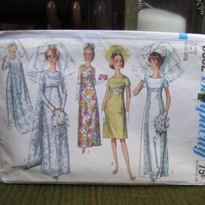 Vintage Wedding Dress Bridesmaids Petite Junior Pattern Size 9 Simplicity 6352 circa 1965 Partially Cut & Complete image 1
