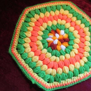 Vintage Handmade Hot Pad circa 1970s Green Yellow Orange Brown 11&quot; corner to corner