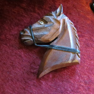 Vintage Wooden Horse Brooch w Eye Inset + Plastic Rein circa Mid-Century