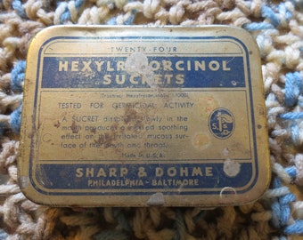 Vintage Sucrets Hexylresorcinol Sucrets Tin by Sharp & Dohme - Empty w Patina, Rust + Bends circa 1940s - Hinged