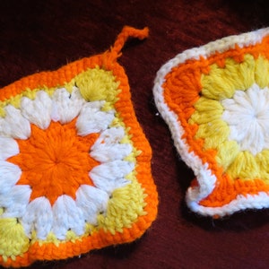 Vintage Set of Two (2) Handmade Crocheted Hot Pads circa Midcentury Orange Yellow White Square Rippled