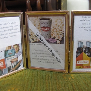 Original Vintage Ad Collage Art - Framed Coca Cola Advertising - Tri-fold Gold Picture Frame - A Gift for Everyone!