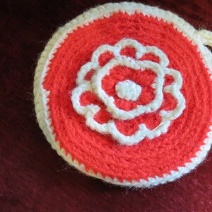Vintage Handmade Hot Pad Crocheted circa 1970s Red White w Flower