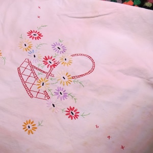 Vintage White Cotton Embroidered Small Tablecloth circa Mid-Century Rustic Farm Decor Flower Basket Motif 46&quot; x 40&quot; Heavyweight