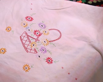 Vintage White Cotton Embroidered Small Tablecloth circa Mid-Century Rustic Farm Decor Flower Basket Motif 46" x 40" Heavyweight