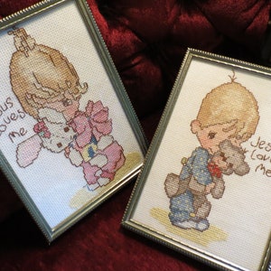 Vintage Set of Two (2) Gold Metal Frames circa 1960s w 1970s Cross Stitch Precious Moments