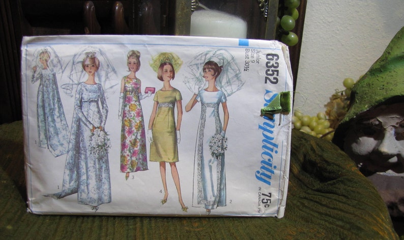 Vintage Wedding Dress Bridesmaids Petite Junior Pattern Size 9 Simplicity 6352 circa 1965 Partially Cut & Complete image 1