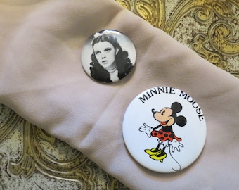 Vintage Minnie Mouse & Wizard of Oz Pinback Buttons, Set of 2