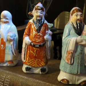 Vintage Fu Lu Shou Chinese Gods of Luck Set of 3 mid-20th century Ceramic Statuettes 4.5&quot; tall *Really Great* Condition