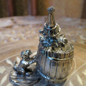 Vintage Pewter Blackington Circus Clown Figurine w Barrel and Dog circa 1984 Silver