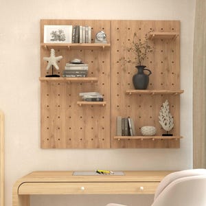 Wall mounted wooden organizer, Modern wooden pegboard with shelves, pegboard wall shelf system for books & living room decor